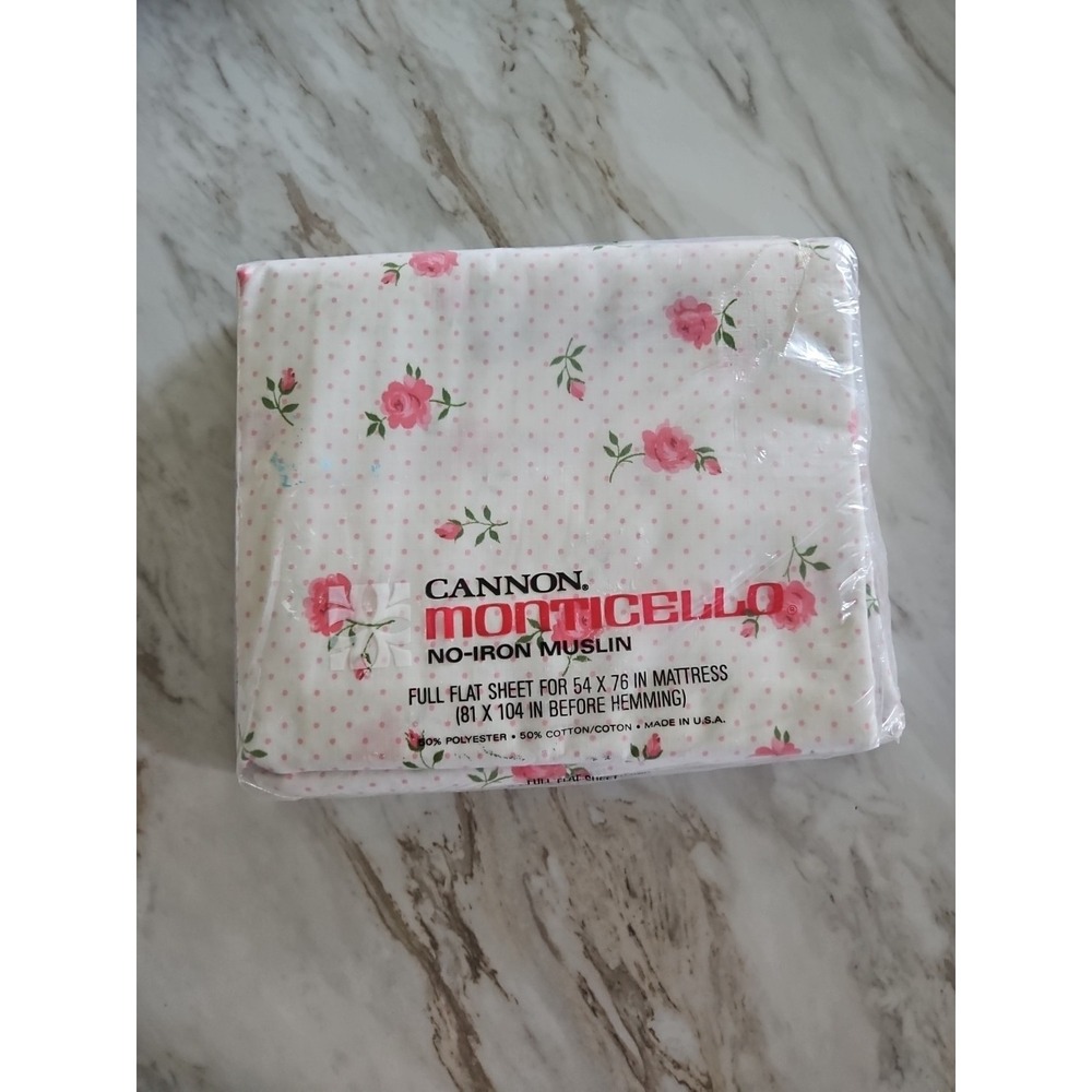 VTG Cannon Monticello PINK Rose Dream Polka Dot No Iron Muslin Full FLAT Sheet
